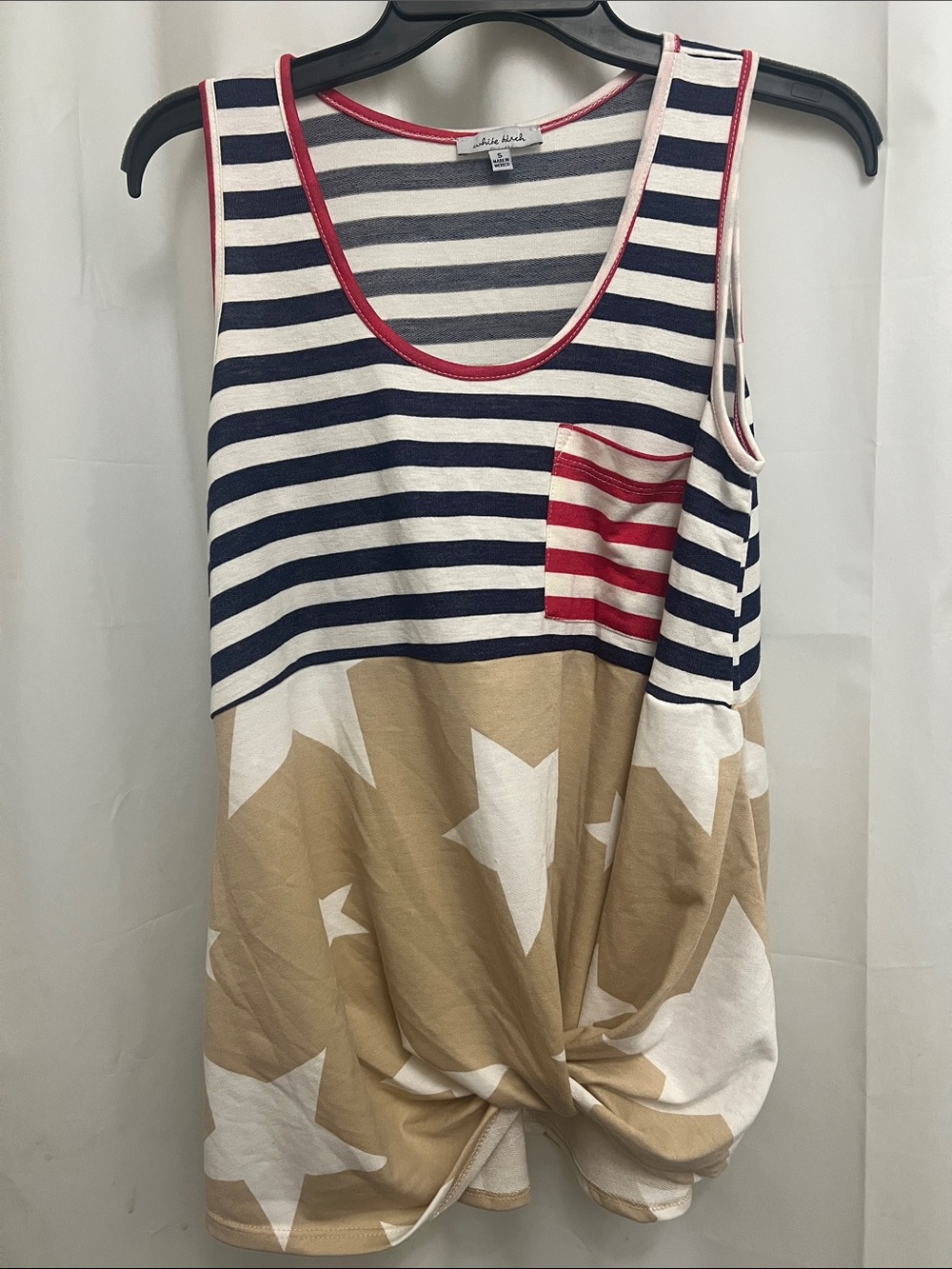 White Birch- Stars & Stripes Tank with Knot & Pocket